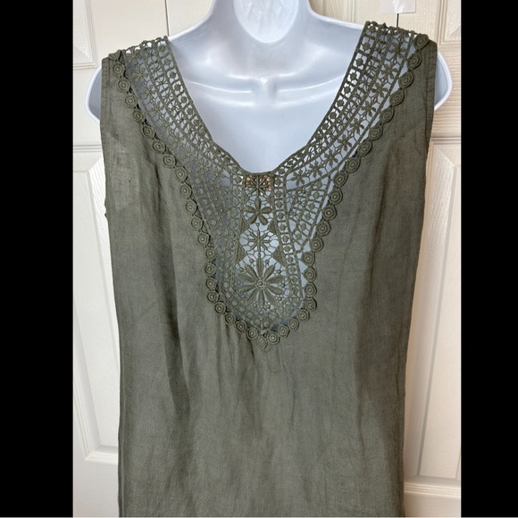 BELLAMBRA 100% Linen Dress Olive Green Made in Italy Crochet Back Sheath Shift - Picture 4 of 10